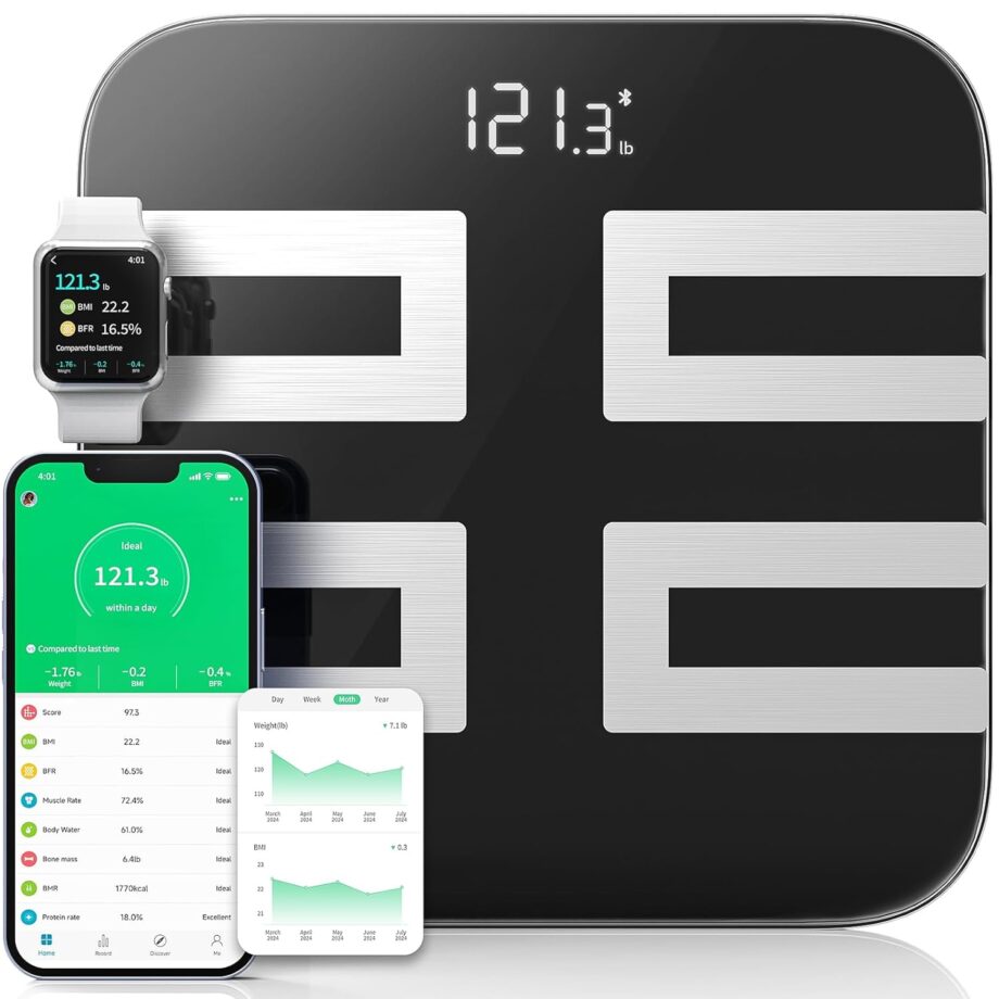 Smart Scale for Body Weight, Digital Bathroom Scale LED Display, BMI, Body Fat,  18 Body Composition Monitor Health Analyzer Sync Apps, High Accuracy, Save Space, 396lbs (Black)
