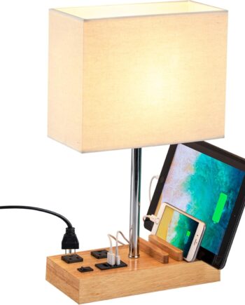 Desk Lamp with 3  Charging Ports, Table Lamp with 2AC Outlets and 3 Phone Stands, Nightstand Bedside Lamp with Natural Wooden Base and Cream Linen Shade