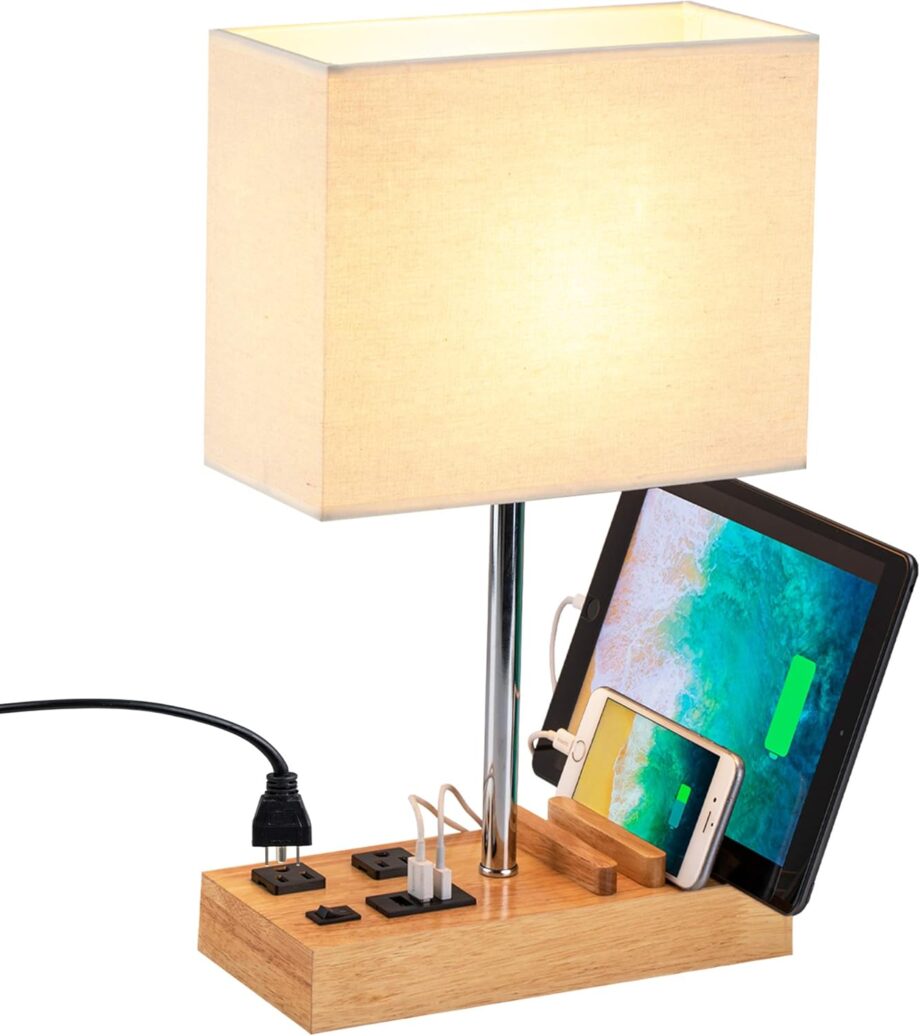 Desk Lamp with 3  Charging Ports, Table Lamp with 2AC Outlets and 3 Phone Stands, Nightstand Bedside Lamp with Natural Wooden Base and Cream Linen Shade