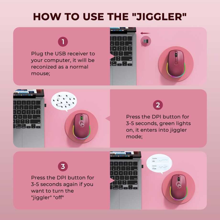 Wireless Mouse Jiggler - LED Wireless Mice with Build-in Mouse Mover, Rechargeable Moving Mouse for Laptop with Undetectable Random Movement Keeps Computers Awake - Red