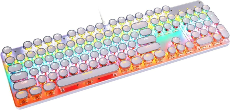 Typewriter Style Mechanical Gaming Keyboard LED Backlit Wired with Blue Switch Retro Round Keycap 104 Keys Keyboard (White 104 Keys LED)