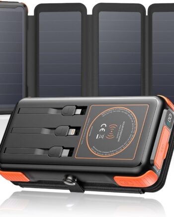 Solar Charger 25000mAh Wireless Portable Charger, 20W Fast Charging Power Bank with Built-in 3 Cables, PD  3.0 Phone Battery Pack with 4 Solar Panels & Flashlights for Camping