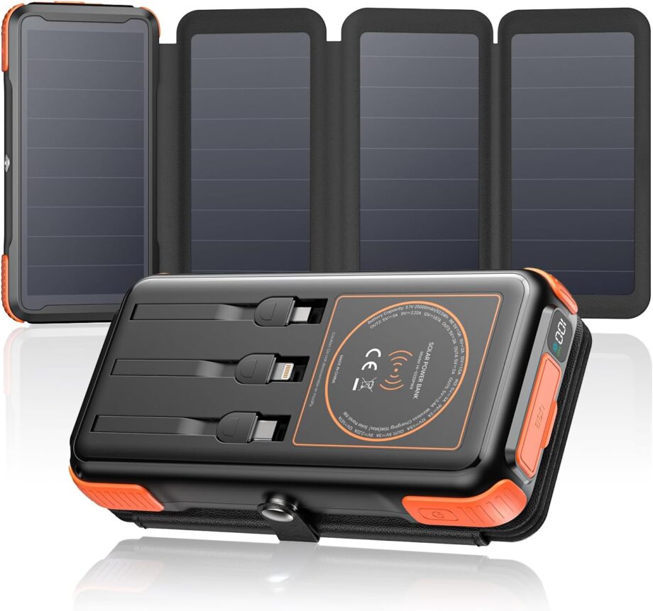 Solar Charger 25000mAh Wireless Portable Charger, 20W Fast Charging Power Bank with Built-in 3 Cables, PD  3.0 Phone Battery Pack with 4 Solar Panels & Flashlights for Camping
