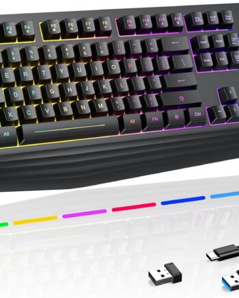 Wireless Gaming Keyboard, RGB & Single-Color Backlit, Full-Size Waterproof Computer Keyboard, Silent Keys, Wrist Rest, Sleep Mode, Rechargeable 2.4G Wireless Keyboardfor Windows, Mac, PC, Laptop