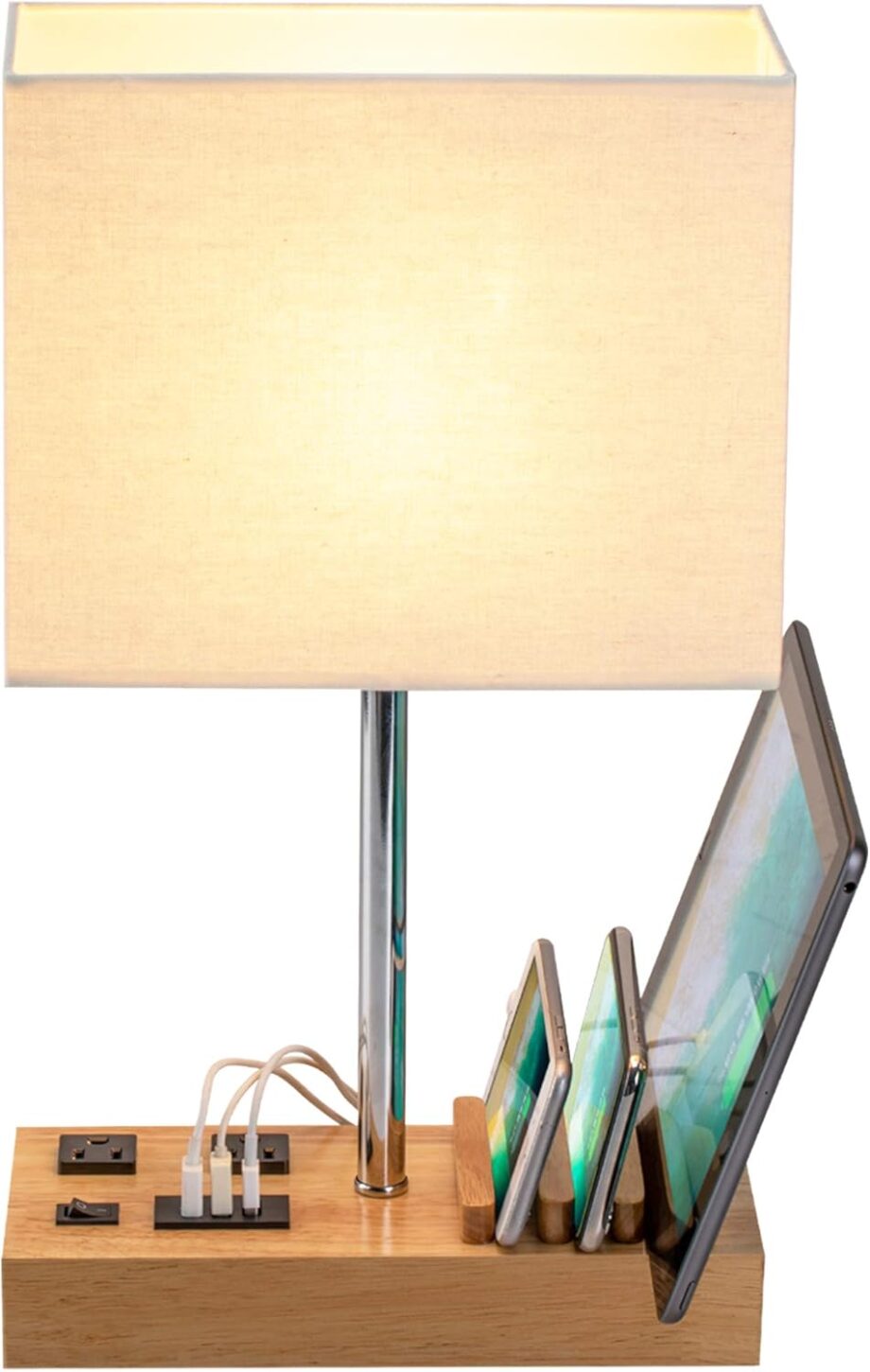 Desk Lamp with 3  Charging Ports, Table Lamp with 2AC Outlets and 3 Phone Stands, Nightstand Bedside Lamp with Natural Wooden Base and Cream Linen Shade