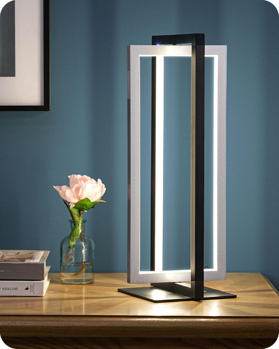 Modern LED Table Lamp, 750LM Stepless Dimmable Bedside Lamp, 3 Color Temperature, Switch Control Nightstand Lamp for Living Room Bedroom, Dual-Frame Rectangle, Angle Adjustable