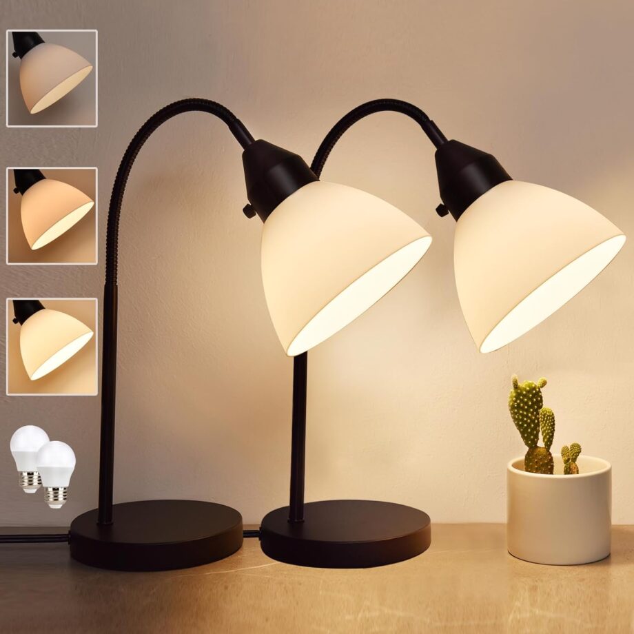 2 Pack LED Desk Lamp for Home Office, 3 Levels Dimmable Reading Light Flexible Gooseneck Table Lamp for Bedside Office, Rotary Switch Control, Bulb Included