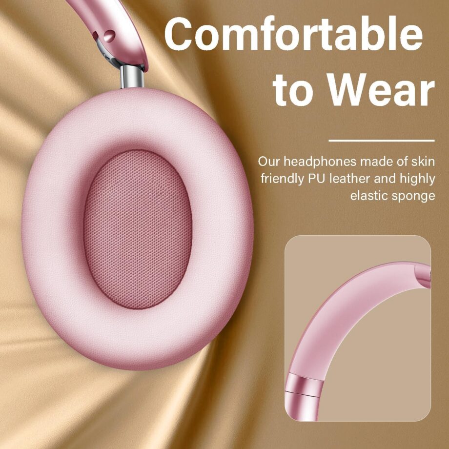 Bluetooth Headphones Wireless Over Ear with Microphone 48 Hours Playtime, High Sound Quality Foldable Soft Earpads Earphones for Travel - Pink