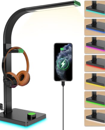 LED Desk Lamp with Eye-Caring Light, USB Ports, 7 Color Modes, Flexible Gooseneck & Headphone Stand for Home Office, Bedroom, and Study (Black Green)