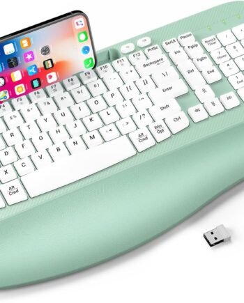 Ergonomic Wireless Keyboard with Cushioned Wrist Rest, Wave Keys, Phone Holder, Comfortable Natural Typing, 2.4GHz Full Size Silent Cordless USB Computer Keyboard for Laptop, Mac, Windows (Mint Green)