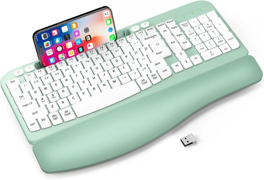 Ergonomic Wireless Keyboard with Cushioned Wrist Rest, Wave Keys, Phone Holder, Comfortable Natural Typing, 2.4GHz Full Size Silent Cordless USB Computer Keyboard for Laptop, Mac, Windows (Mint Green)