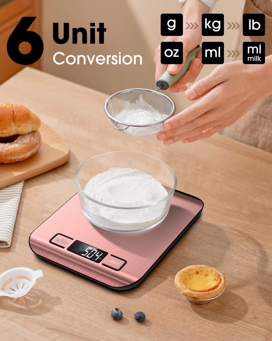 Food Scale, 22lb Digital Kitchen Scale Weight Grams and Ounces for Baking Cooking Coffee Package Postage, 6 Units with Tare Function, LCD Display, Easy Clean Stainless Steel (Pink)