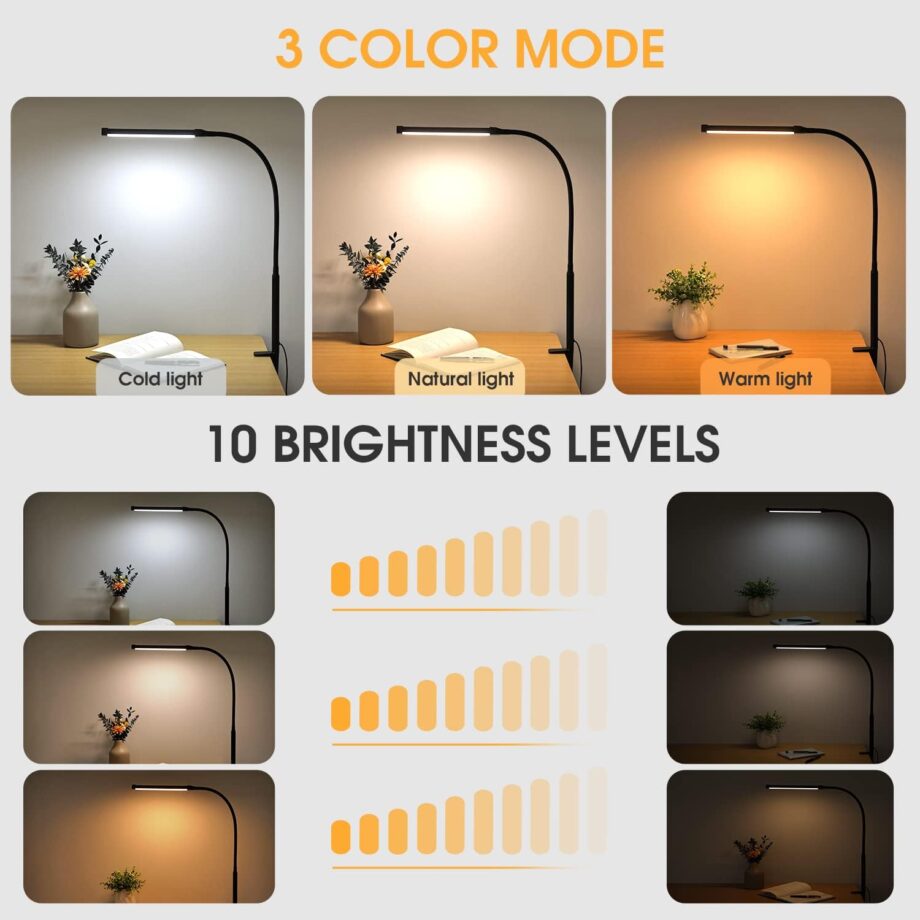 Desk Lamp with Clamp, Eye-Caring Clip on Lights for Home Office, 3 Modes 10 Brightness, Long Flexible Gooseneck, Metal, Swing Arm  Task Table Lamps with  Adapter, Black