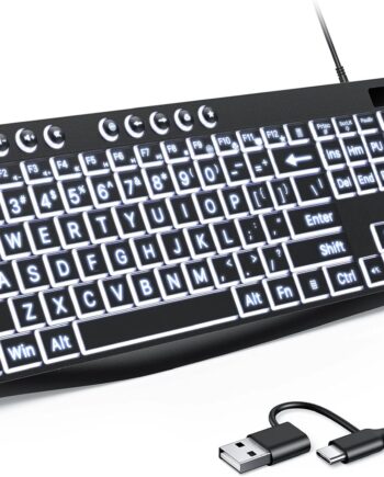 Large Print Keyboard Wired with Dual Interface (Type-C and USB), Oversize Font Key with White Backlit Easier to See and Type, Full Size Computer Keyboard Compatible with Windows, PC, Laptop