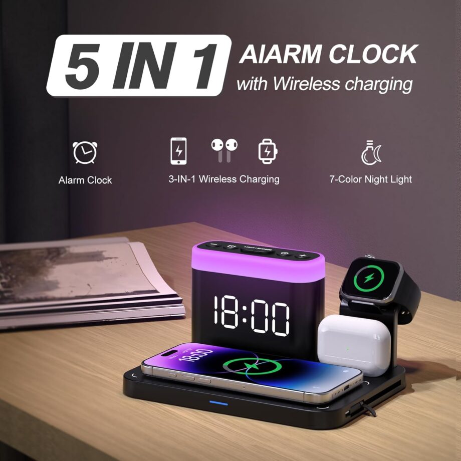Wirelss Charging Staion,3 in 1 Multiple Charger Stand with Alarm Clock,7 Night Light