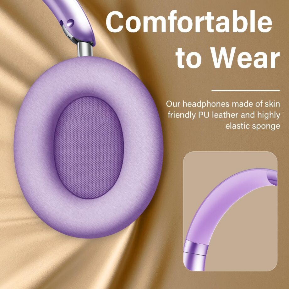 Bluetooth Headphones Wireless Over Ear with Microphone 48 Hours Playtime, High Sound Quality Foldable Soft Earpads Earphones for Travel - Purple