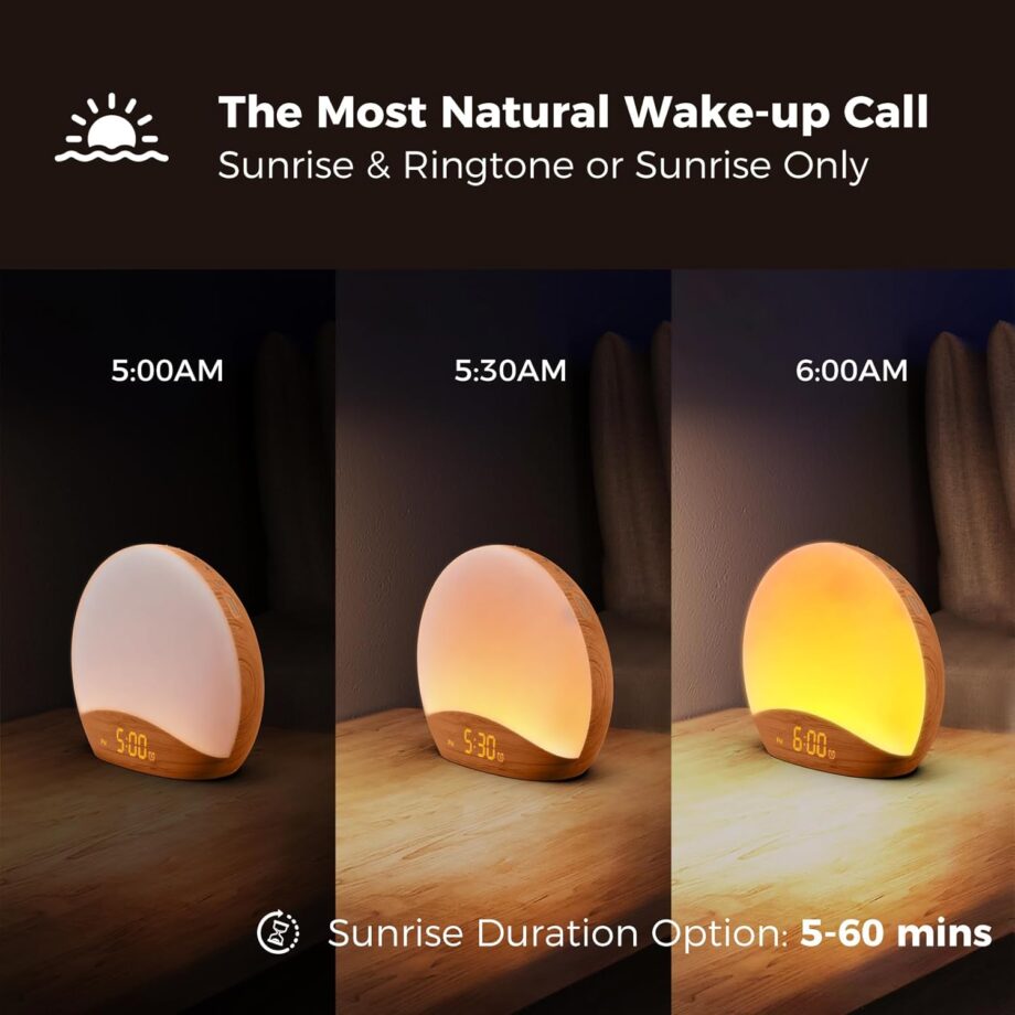 Wood Grain Sunrise Alarm Clock and Sound Machine Nightlight, Digital Dimmable Clock for Bedroom, 26 Sleep Sounds, White Noise Machine for Baby, Adults, Wake Up Light Alarm Clock for Kids