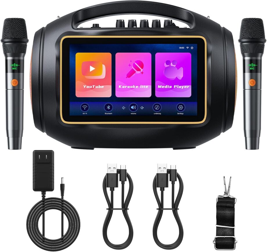 Smart Karaoke Machine with Lyrics Display, 10.1-Inch IPS Toh Screen, Two Wireless Microphones, Portable PA System with 400W Peak Power, Suitable for Home, Outdoor Party