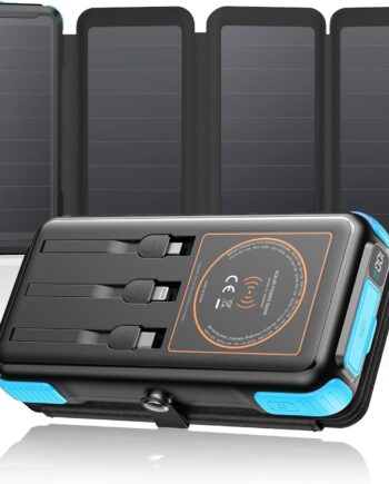 Solar Charger 25000mAh Wireless Portable Charger, 20W Fast Charging Power Bank with Built-in 3 Cables, PD  3.0 Phone Battery Pack with 4 Solar Panels & Flashlights for Camping (Blue)