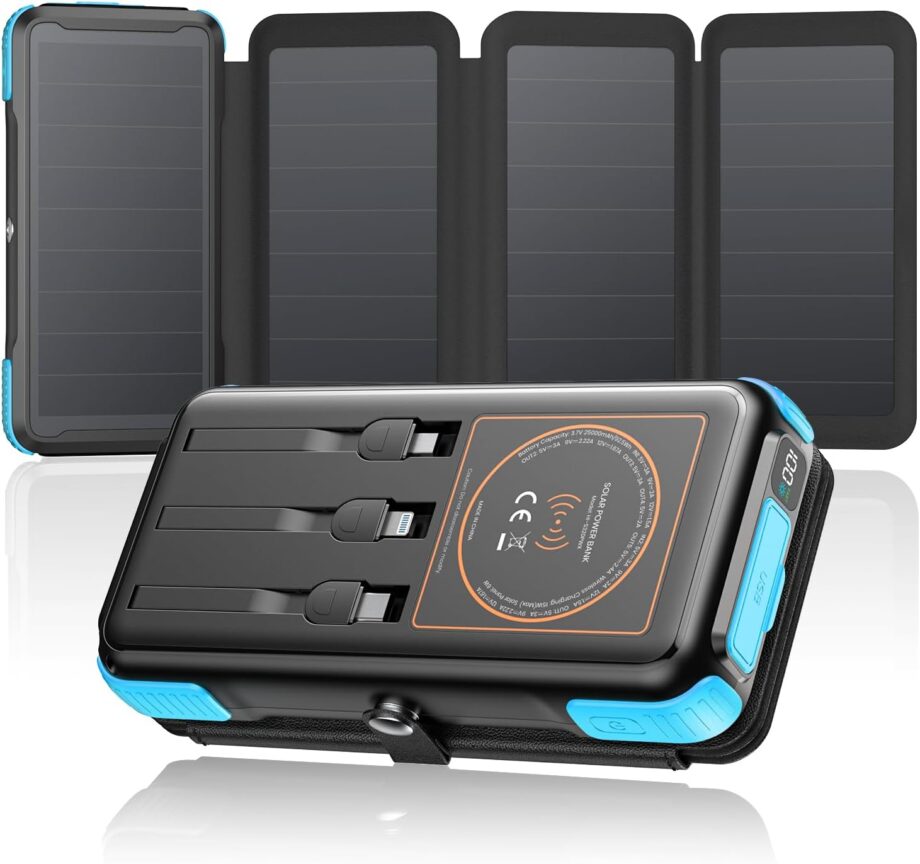 Solar Charger 25000mAh Wireless Portable Charger, 20W Fast Charging Power Bank with Built-in 3 Cables, PD  3.0 Phone Battery Pack with 4 Solar Panels & Flashlights for Camping (Blue)