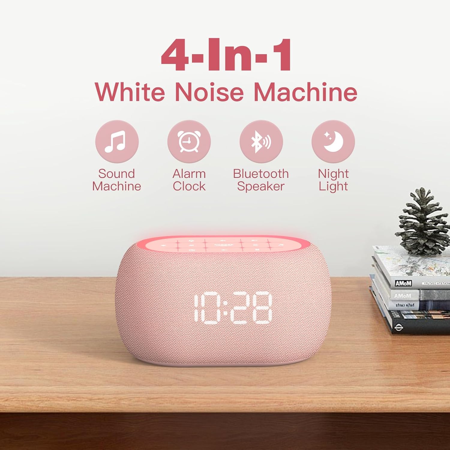 White Noise Sound Machine Alarm Clock with Bluetooth Speaker, Hi-Fi Stereo Sound, 21 Soothing Sounds/7 Night Lights, 0-100% Dimmer/Sleep Timer, Soother for Teens Kids Girls, Bedroom, Pink