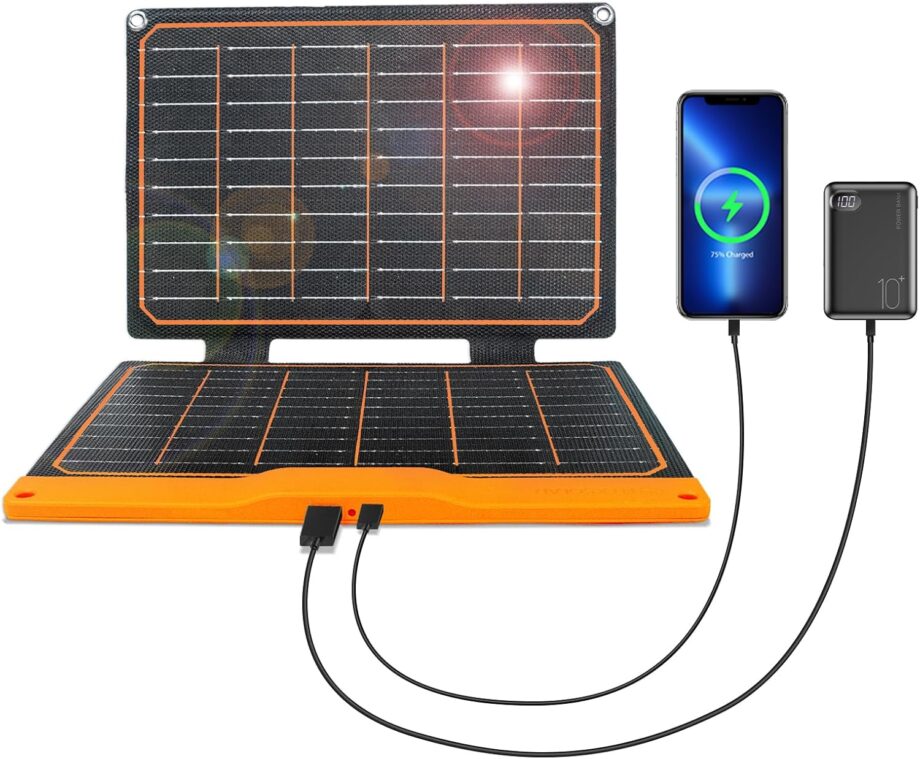 20W Portable Solar Panel, High-Efficiency Monocrystalline PV Module Power Charger with Dual USB Ports for Phones, Tablets, Power Bank, Camera and Other Off-Grid Applications
