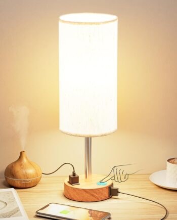 Bedside Table Lamp for Bedroom - 3 Way Dimmable Touch Lamp  C Charging Ports and AC Outlet, Small Lamp Wood Base Round Flaxen Fabric Shade for Living Room, Desk,  Bb Included