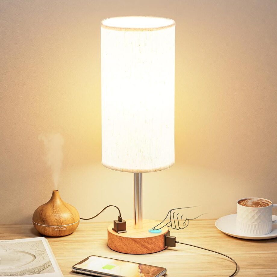 Bedside Table Lamp for Bedroom - 3 Way Dimmable Touch Lamp  C Charging Ports and AC Outlet, Small Lamp Wood Base Round Flaxen Fabric Shade for Living Room, Desk,  Bb Included