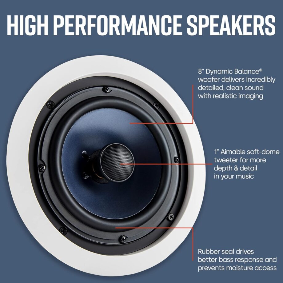 2-way  In-Ceiling 8" Round Speakers, Set of 2 Perfect for  and Humid Indoor/Outdoor Placement - Bath, Kitchen, Covered Porches