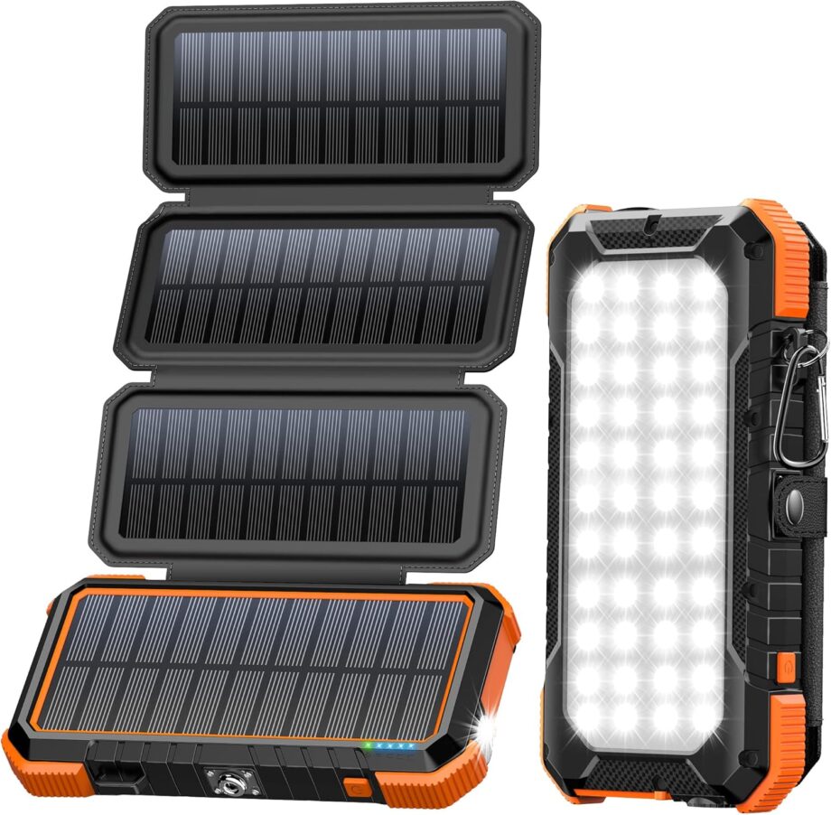 Solar Charger Power Bank, PD 18W Fast Charging 20000mAh Battery Pack with 4 Foldable Panels, Portable Solar Powered USB C Charger with Camping Flashlight Compass Carabiner for Cell Phone