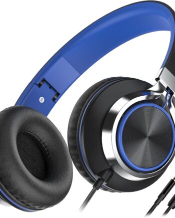 C8 Headphones Wired, On-Ear Headphones with Microphone and Volume Control Foldable Corded Stereo 3.5mm Headset for Smartphones Chromebook Laptop Computer PC Tablets Travel(Black/Blue)
