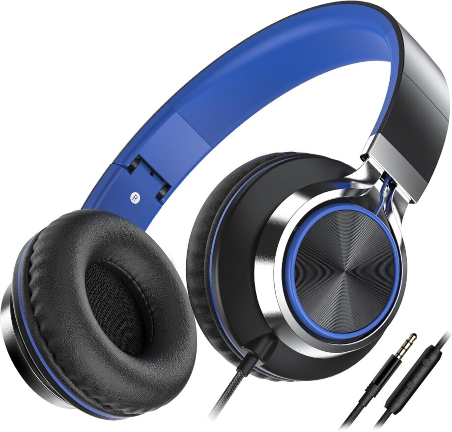 C8 Headphones Wired, On-Ear Headphones with Microphone and Volume Control Foldable Corded Stereo 3.5mm Headset for Smartphones Chromebook Laptop Computer PC Tablets Travel(Black/Blue)