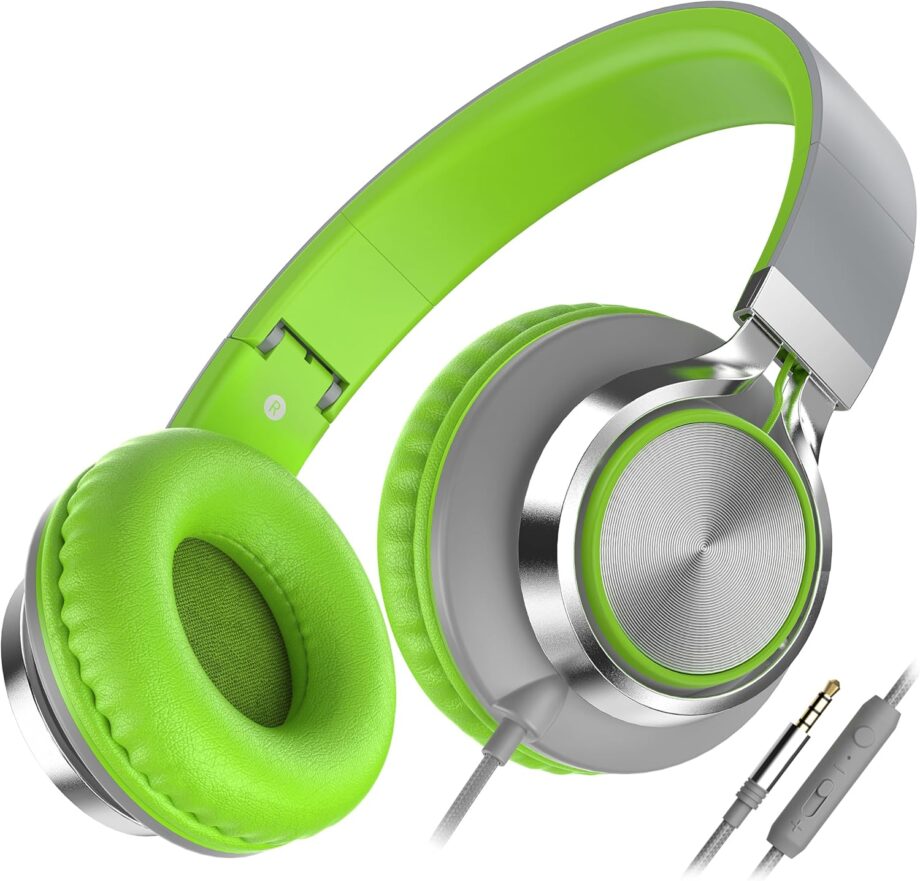 C8 Headphones Wired, On-Ear Headphones with Microphone and Volume Control, Corded 3.5mm Headset for Boys Girl School Smartphones Chromebook Laptop Computer Tablets Airplane Travel (Grey/Green)