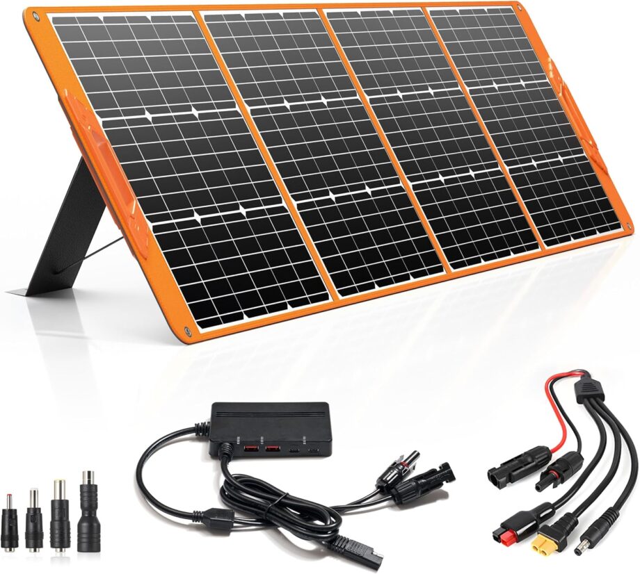 200 Watt Portable Solar Panel for Power Station Generator, 18V IP65 Waterproof 4 Kickstands Foldable Solar Panel, Solar Charger with MC4 Cable and USB Outputs for Outdoor Trip RV Camping Off Grid