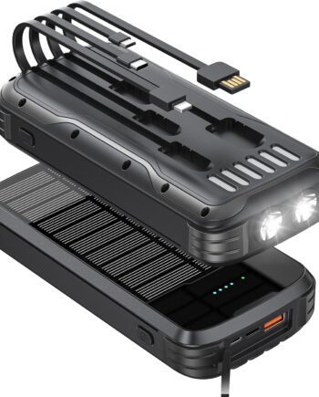 Solar-Power-Bank-Charger, 40000mAh Portable Phone Charger Built in 4 Cables with USB C in/Output, PD 20W Fast Charging External Batter, External Battery Pack with Dual Bright Flashlights