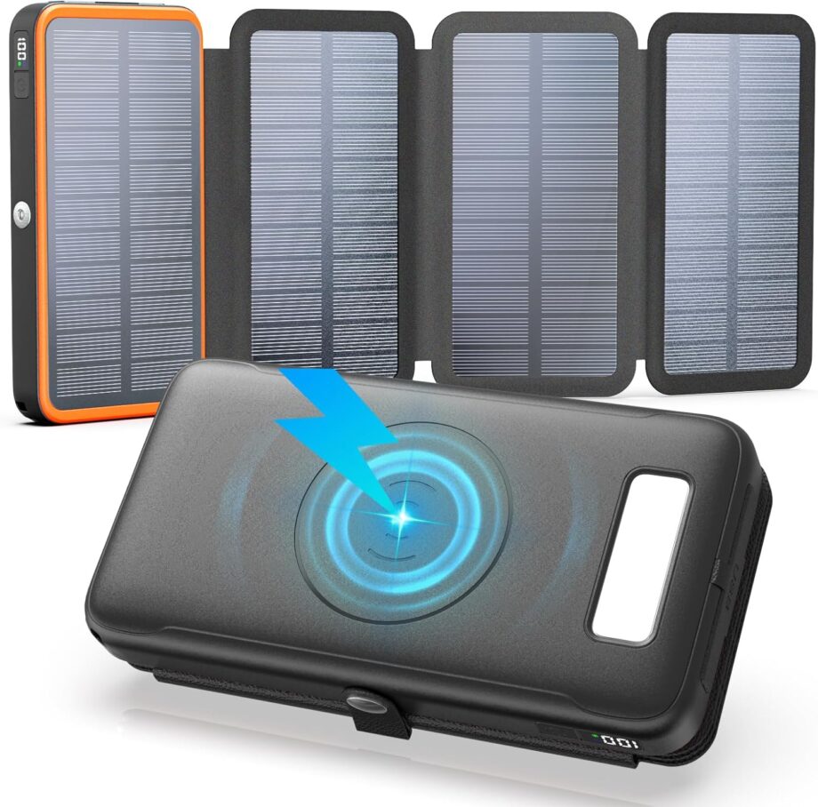 Solar Charger Power Bank, 27000mAh Wireless Portable Charger with 4 Solar Panels, 22.5W Fast Charging Battery Pack USB-C in/Output PD+3.0 Portable Power Bank for All Cell Phones