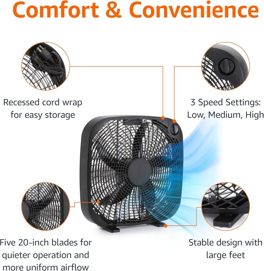 20-Inch Box Fan with Powerf Airflow, 3 Speeds, 5 Blades, Lightweight Design, 67 Watts, Black, 6.8 D x 20.86 W x 21.33 H in