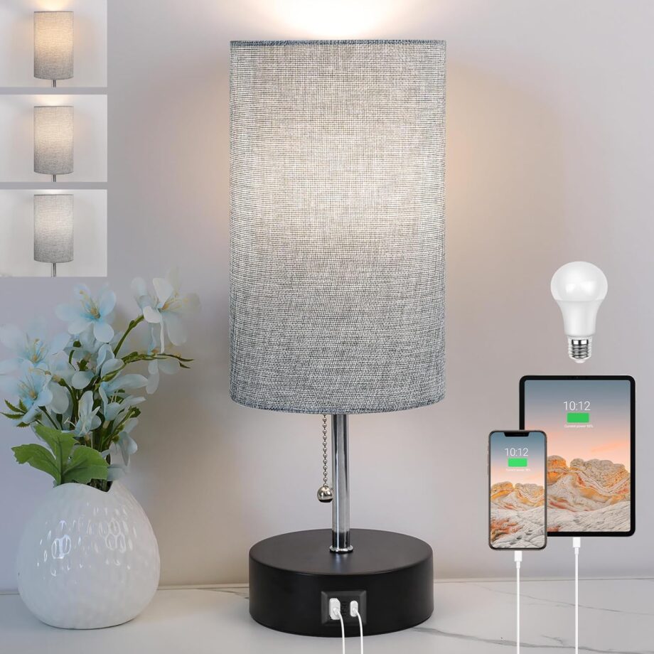 3-Color Temperature Bedside Lamp Nightstand Lamp with  A Port and C Port, Table Lamp for Bedroom with  Bb Small Lamps for Living Room (Gray)