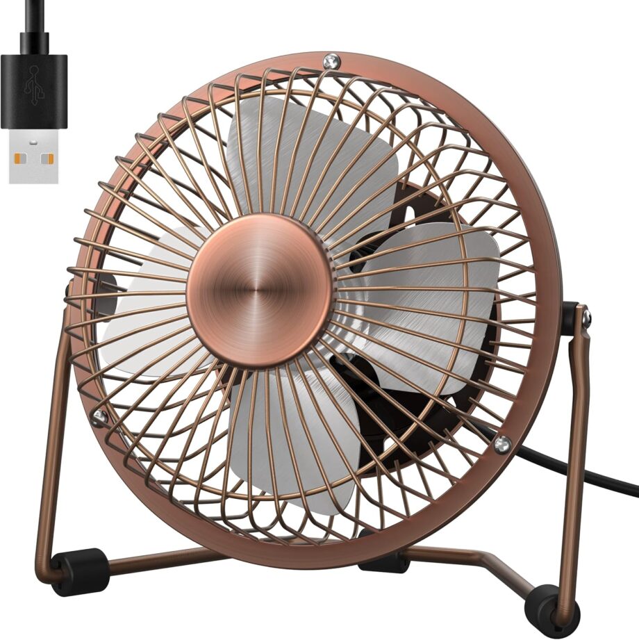 Desk Fan Quiet Small USB Fan 360° Rotation Portable Table Fan 2 Speed Mini Personal Fan Air Cooling Electric Fan for Home Office Bedroom Travel Camping, 4 inch Bronze