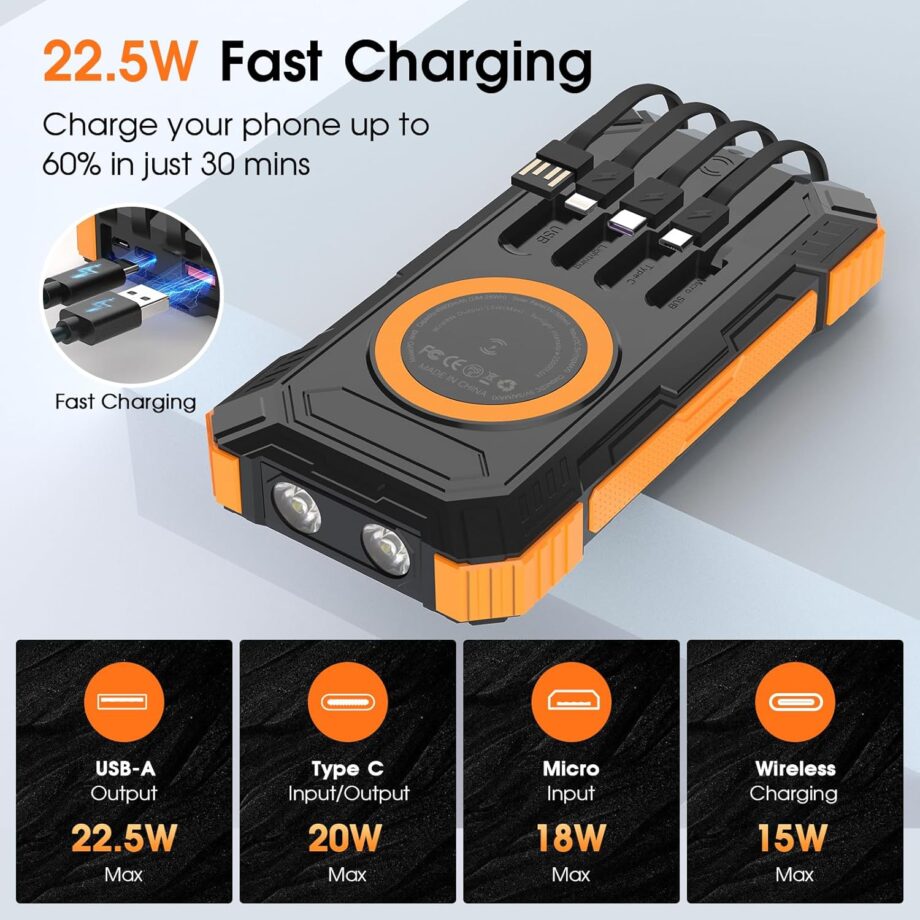Power Bank Solar Charger,49800mAh Wireless Portable Charger with 4 Built-in Cables,22.5W Fast Charging Battery Pack USB-C in/Output PD+3.0 Portable Power Bank for All Cell Phones