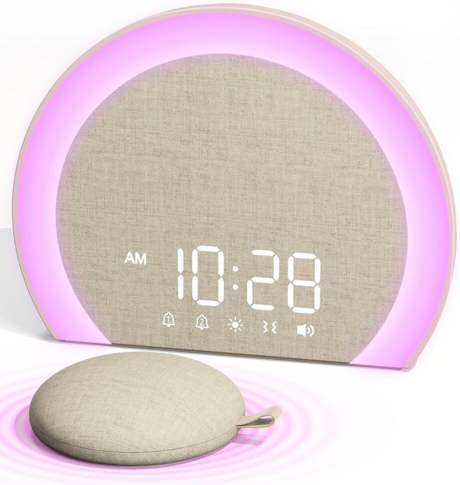 Loud Alarm Clock with Wireless Bed Shaker, Vibrating Dual Alarm with Light Wake Up for Heavy Sleepers & Hearing Impaired, 9-Color Night Light, 5 Sounds, 0-100% Dimmer, USB Charger, Bedroom