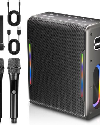 Karaoke Machine with Two Wireless Microphones, Powerful Portable Bluetooth Speaker for Adults & Kids, PA System with 2 Voice Mode,  Lights, Supports BT////TF for Party (Black)