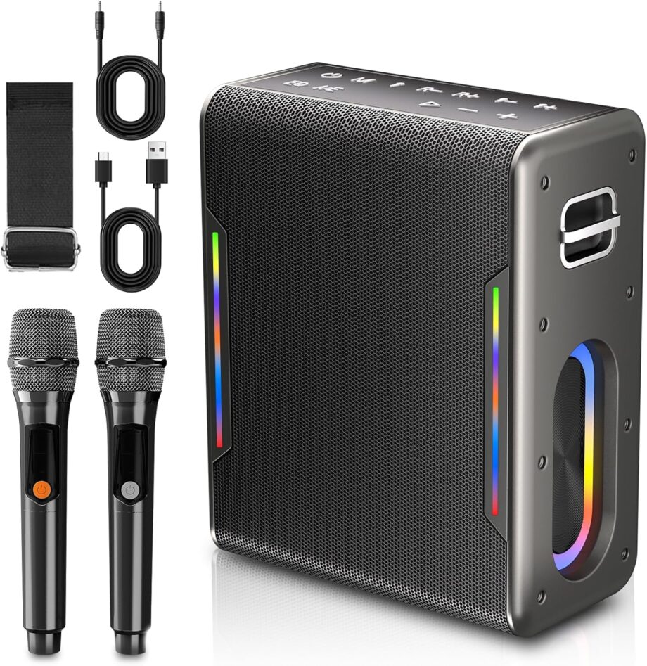 Karaoke Machine with Two Wireless Microphones, Powerful Portable Bluetooth Speaker for Adults & Kids, PA System with 2 Voice Mode,  Lights, Supports BT////TF for Party (Black)