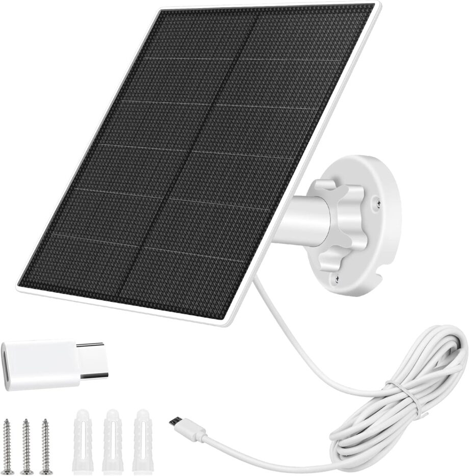 Solar Panel for Security Camera, 5W Solar Panel for DC 5V Security Camera with  USB or USB-C Port, IP65 Waterproof Solar Charger for Camera with 360°Adjustable Mounting(1 Pack)