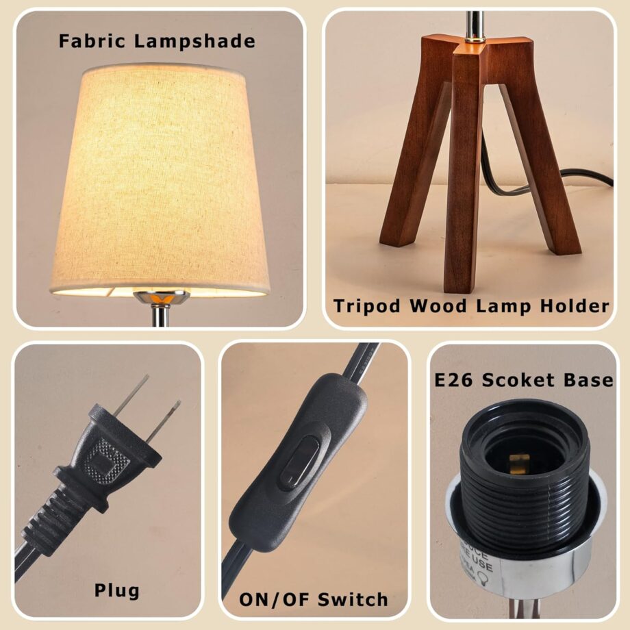 Wood Bedside Table Lamp, Tripod Desk Lamp with On-Off Switch, Nightstand Lamp with Fabric Shade for Reading, Bedroom, Living Room, Office, Walnut Base with Linen Shade(Without Bulb)