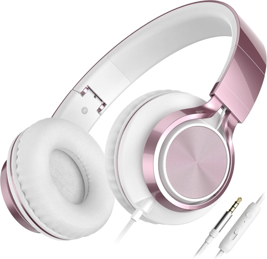 C8 Girls Headphones, On-Ear Headphones Wired with Microphone and Volume Control Foldable Corded Stereo 3.5mm Headset for Girls School Chromebook Laptop Computer PC Tablets Travel (Rose Gold)