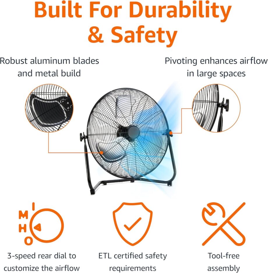 20" High-Velocity Heavy-Duty Industrial Floor Fan, 3 Speeds, Metal Construction and Aluminum Blades, Ideal for Industrial & Commercial Spaces, 125W, Black, 9.45"D x 23.43"W x 23.82"H