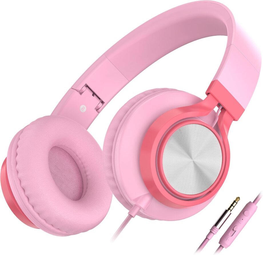 C8 Girls Headphones, On-Ear Headphones Wired with Microphone and Volume Control Foldable Corded Stereo 3.5mm Headset for Girls School Chromebook Laptop Computer PC Tablets Travel (Pink)