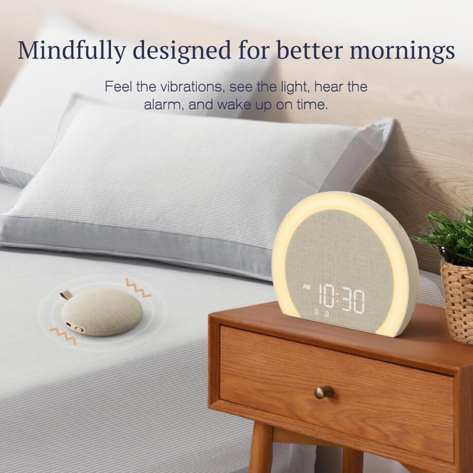 Loud Alarm Clock with Wireless Bed Shaker, Vibrating Dual Alarm with Light Wake Up for Heavy Sleepers & Hearing Impaired, 9-Color Night Light, 5 Sounds, 0-100% Dimmer, USB Charger, Bedroom