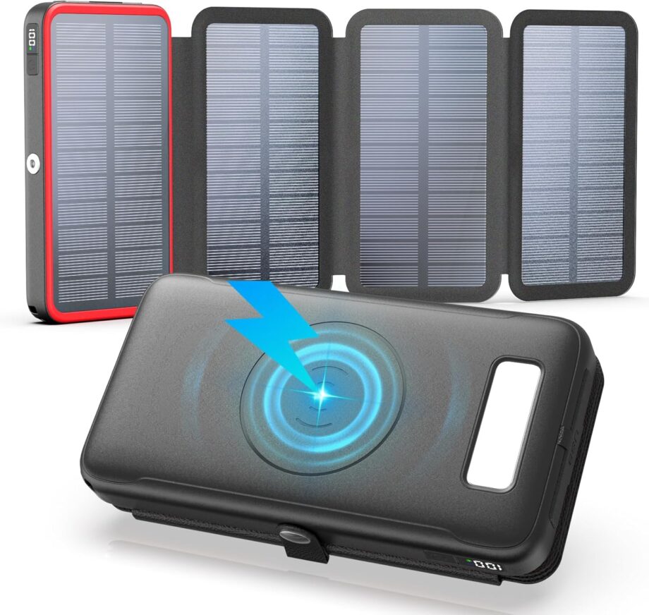 Power Bank-Solar Charger- 27000mAh Wireless Portable Charger with USB-C in/Output, PD+ 4.0 External Battery Pack with 4 Solar Panels, 22.5W Fast Charging Power Bank for All Cell Phones(Red)